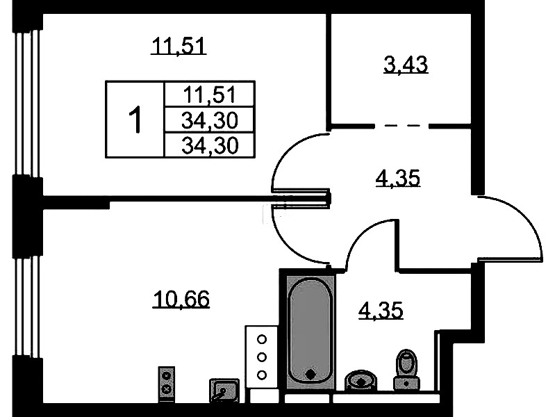 1-комнатная квартира 34.3 м², 9/11 эт., ЖК «Новое Колпино»